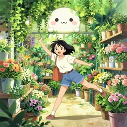 anime visual of a woman shopping in a florist's store interior with lush overgrowth, ivy, foliage, flowers, cute face by ilya kuvshinov, kyoani, artgerm, krenz cushart, hiroaki samura, yoshinari yoh, wlop, loish, dynamic pose, cel shaded, anime poster