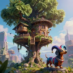 by par olofsson and tristan eaton, visually stunning, cinematic, ultra realistic, hyper realism, 1 2 k, epic, octane render, unreal engine, vfx, maya, mystic dreams : a lush treehouse # solarpunk, warhammer miniature of a chaos harlequin dachshund : frames from the city 🌃