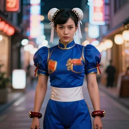 portrait photograph of an extremely beautiful!!!! chun - li from street fighter. standing on a japanese neon lit street. looking at the camera!!. super resolution. extremely detailed. graflex camera!, bokeh!!!!! trending on artstation.