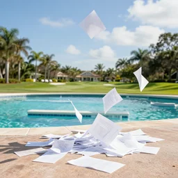 white office papers blowing in the air and scattered on the ground by the pool at a florida country club, ap, news photo