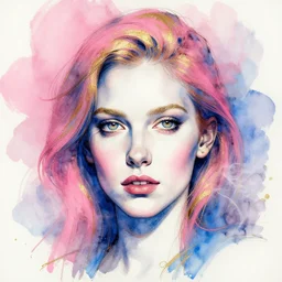 pink blue gilded ink smoke portrait, by Jenny Saville and artgerm