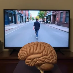 a brain in a vat watching a tv screen showing a first person view of someone walking in a street