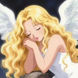 pawing at this soft unconscious, the world is dying, angel numbers, young britney spears angelic lighting, long blonde voluminous curly haired girl, cute, in the style of hideaki anno