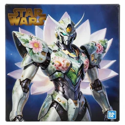 futuristic nelumbo mecha waterlily upper body, sepals forming helmet, floral details, nelumbo, 8 k hd resolution, barbatos gundam with floral inlay, bandai box art, star wars, makoto kobayashi, frank gehry, raymond swanland