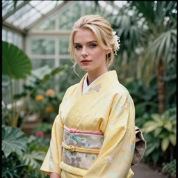 head to waist medium format portrait photograph of an elegant blond woman wearing a yellow kimono in a tropical greenhouse. looking at the camera!!. super resolution. 85 mm f1.8 lens.bokeh.graflex. Alessio albi