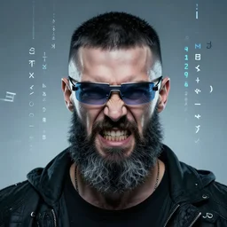 portrait of viking in cyberpunk glasses, rage, full beard, black short hair, some gray hair, fashion editorial photography, cyberpunk, symmetrical portrait, super detailed, numbers, mathematic symbols and runes floating,