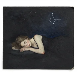 watercolour painting of a sleeping woman on a dark beautlful starry night, constellations by charles vess on black matte very textured worn paper