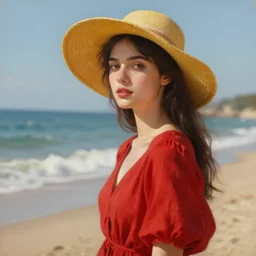 beautiful oil matte portrait painting, young woman with red dress and mustard yellow summer hat at a beach on a sunny day, wonderful masterpiece highly detailed, beautiful cinematic light deep focus, elegant, digital painting, smooth, sharp focus, golden ratio, dramatic illumination, ultra realistic, 8 k, art by jimmy law and caravaggio