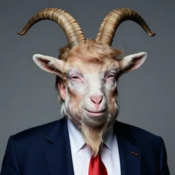 Donald Trump in Elaborate Pan Satyr Goat Man Makeup and prosthetics designed by Rick Baker, Hyperreal, Head Shots Photographed in the Style of Annie Leibovitz, Studio Lighting
