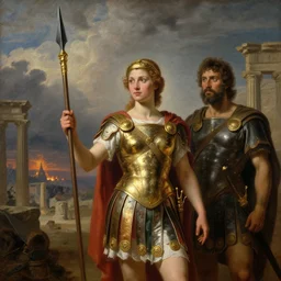 Painting of a cinematic still of a female gladiator holding a golden ornate spear in her hand by Rembrandt van Rijn and Hubert Robert, 200mm, Ancient Roman Ruins in the background, dramatic clouds, city in the distance on fire