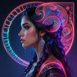 Passion, Maya Ali as a mage, side profile portrait, sweat drops, neon, fibonacci, insane, intricate, highly detailed, digital painting, artstation, concept art, smooth, sharp focus, illustration, Unreal Engine 5, 8K, art by artgerm and greg rutkowski and alphonse mucha