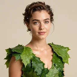 cobie smulders wearing a risque outfit made from leaves, half body portrait, greg kutkowski, sharp details, soft lighting, subsurface scattering, pearls of sweat, glistening skin, warm lighting