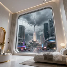 low angle photography of a futuristic confy white bedroom, with wood and gold details and a huge futuristic single sheet glass window overlooking blade runner 2 0 4 9 city architecture, space x starship rocket launch site, environmental lighting, stormy weather, ray tracing, amazing view, highly detailed, heavy traffic, neon shops, octane render, unreal engine 5, 4 k