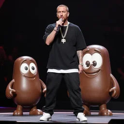 still of an award - winning movie of eminem rapping on stage alongside a cartoon chocolate m & m candy, hyperdetailed, hdr, studio lighting, studio quality effects, epic!!!!!! 4 k, 8 k