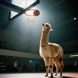 film still of an alpaca wearing a jersey, dunking a basketball, low angle, long shot, indoors, dramatic backlighting, high detail.