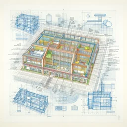 An artwork made from layers of technical drawings and colored architectural plans and blueprints, very detailed and intricate with callout texts, leaders, arrows,  with dimensions and titleblocks and section bubbles by Kim Jung Gi and Hasui Kawase and Tomine