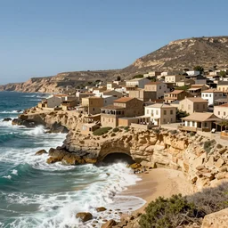 an arid mediteranean wild west port town built along a cliff face, bright sun and crashing waves; detailed, best on artstation, cgsociety, wlop, cosmic, epic, stunning, gorgeous, masterpiece