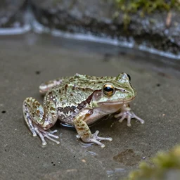 a transparent glass frog in a liquid metal pond