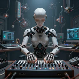 a centered photo of a mystical post apocalyptic cyborg playing with modular synthesizers in the most complicated fractal and technical musical studio, powerful, cinematic, beautifully lit, by artgerm, by karol bak, 3 d, perfect face and body, trending on artstation, octane render, 8 k