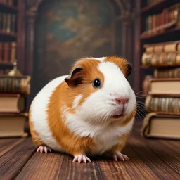 guinea pig in an old magical library, award winning nature photography