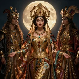 queen of the moonlit mountains with her regalia, by Annie Swynnerton and Nicholas Roerich and jean delville, dramatic cinematic lighting , ornate headdress , flowing robes, lost civilizations, extremely detailed