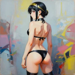 greg manchess portrait painting of yorha type a no. 2 from behind in a bikini, organic painting, sunny day, matte painting, bold shapes, hard edges, street art, trending on artstation, by huang guangjian and gil elvgren and sachin teng