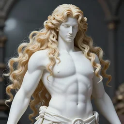 a pinup poster of the emperor from warhammer 40k by Sakimichan, porcelain white skin, voluptuous male, long luxurious light blond hair, long fluffy blond curly hair, depicted as the greek sun god Apollo, soft focus, 4K, artstation