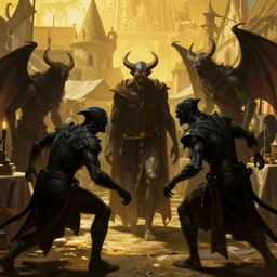 shadow monsters invading a medieval market, golden hour, dramatic lighting, fluid, smooth, bright, colours, high contrast, sharpness, very detailed, intricate, by hildebrandt brothers, frazetta, giorgio de chirico and botticelli