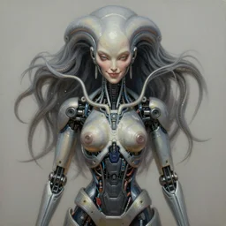 perfectly centered portrait, front view of a beautiful biomechanical cyberpunk alien android robot buddha, female, flowing hair, intense stare, sarcastic smile, symmetrical, concept art, intricate detail, volumetric shadows and lighting, realistic oil painting by alex grey and h. r giger,