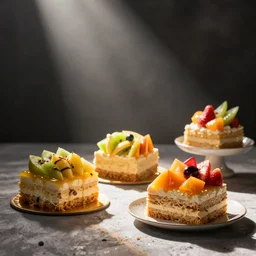 so delicious fruits cakes on the table, worm lighting, products photo