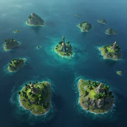 ultra realistic illustration, many tiny islands on vast ocean, matte painting, hyper detailed photo realism by greg rutkowski, rich contrast of colors, 1 0 0 mega pixels, league of legends artwork