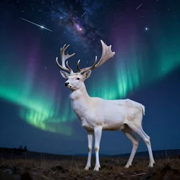 professional stylized digital art of an albino deer with galaxies and stars in the night sky, shooting stars, aurora borealis hd, 8 k