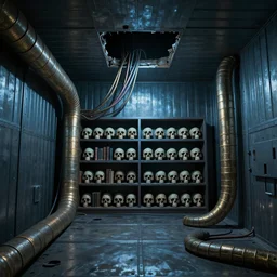 worms eye view of a metal room with large tubes and cables coming out of a hole in the ceiling and a bookshelf filled with skulls on the back wall, blue light, dramatic lighting, moody lighting, golden ratio, rule of thirds, matte painting, concept art, illustration, environmental art, environmental design,