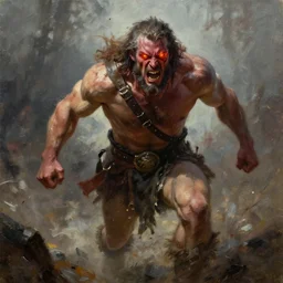 male barbarian, rushing towards camera, berserker, burning eyes, rage, heartbroken, violence, oil painting