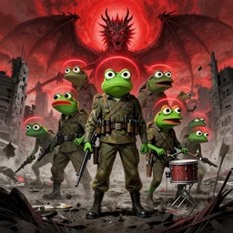 resolution 4k worlds of loss and depression made in abyss design Akihito Tsukushi design body pepe the frogs war , battlefield darkness military carrying guns into battle uniforms civil war drummer boy pepe , desolated city the sky is filled with red halos over each of their heads dragon, pepe ivory dream like storybooks, fractals , pepe the frogs at war, art in the style of and Oleg Vdovenko and Akihito Tsukushi