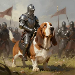 basset hound!!! being ridden into battle by a knight, digital painting, fantasy concept art, popular on artstation
