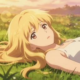 anime art, anime key visual of elegant young female, long blonde hair and large eyes, finely detailed perfect face, laying down in the grass at sunset, golden hour sunset lighting, background blur bokeh!!, trending on pixiv fanbox, studio ghibli, extremely high quality artwork