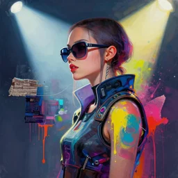a cyberpunk girl wearing sunglasses, side portrait, passionate, spotlight, paint drips, textile collage, paint splatter, vibrant colors, futuristic clothing, digital painting by marco paludet, by jeremy mann, by hannah hoch