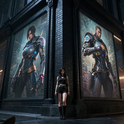 a frontal cyberpunk night photo of one young woman leaning against a dark black brick corner wall overwatch deus ex architecture, from overwatch and oblivion movie, art by jungyeonmin and james jean jhonseru jsezz artstation and greg rutkowski, biomechanical, lens orbs, global illumination architectural, volumetric lighting, granular detail, hyperrealist, micro details, blender, vray