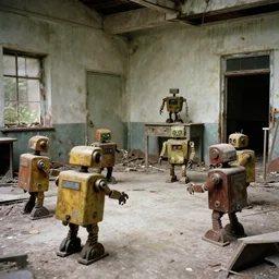 a vintage abandoned filmset investigated by curious robobots