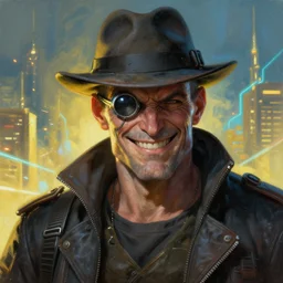 an intimate portrait of a gnarly human cyberpunk captain, old skin, faded fedora, charming, strong leader, metal eye piece, a look of cunning, big smile, detailed matte fantasy painting, golden cityscape, lasers, sparks, yellow and blue and cyan