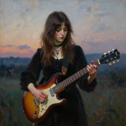 goth girl playing electric guitar at dusk, oil painting by William-Adolphe Bouguereau, masterpiece