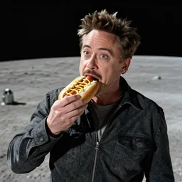 robert downey jr eating a delicious hot dog on the surface of the moon, taken with a selfie stick, fisheye lens