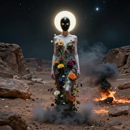 The full body shot of beautiful pale woman with many flowers growing inside her and full-face black mask with glowing halo, a thick black smoke in rocky desert landscape, glowing eyes, falling star on the background, burning earth by Christopher Doyle, Gaspar Noe, Alejandro Jodorowsky, anamorphic lens, cinematic composition, award winning photo, 8k