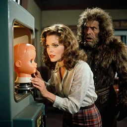 highly detailed 1970s romantic movie scene photograph, of a woman entering a machine. The machine has a plastic dolls head. A man dressed in a monster costume, watches shocked