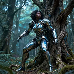 hyperrealistic post-maximalist super expressive! black woman with exoskeleton armor, merging with tree in a forest, highly detailed digital art masterpiece smooth cam de leon hannah yata dramatic pearlescent blue teal light ground angle hd 8k sharp focus