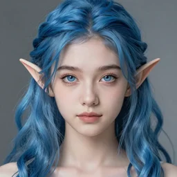 centered detailed portrait of a extremely beautiful aesthetic young girl and elves hybrid, symmetrical, long blue wavy hair, sharp focus on the eyes, final fantasy, details, intricate, octane render, smooth face, illustration, fairy lighting, hyperrealistic, by wlop and dmitry prozorov, artgerm, artstation, award winning,