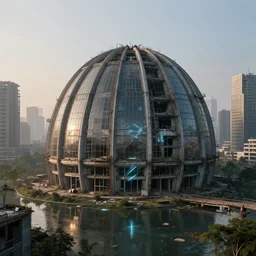 a beautiful hyperdetailed highly detailed city nature architecture dome house urbex unfinished building industrial architecture building abandoned by john constable, landscape bladerunner 2 0 4 9 morning sun tron water matte painting laser clear night, archdaily, wallpaper, highly detailed, trending on artstation.