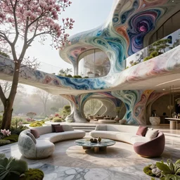 futuristic sharp focus biophilic villa interior with garden, cinematic morning light, magnolia flowers ceramic porcelain stone nebula fluid colorful architecture landscape, highly detailed furniture, granite, trees, marble, moss, lichen, vincent callebaut composition, mamou - mani, cinematic morning light, 8 k, unreal engine, uhd