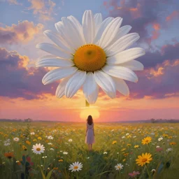 giant detailed daisy flower over head, full body girl standing in a flower field, surreal photography, sunrise, dramatic light, impressionist painting, colorful clouds, digital painting, artstation, simon stalenhag